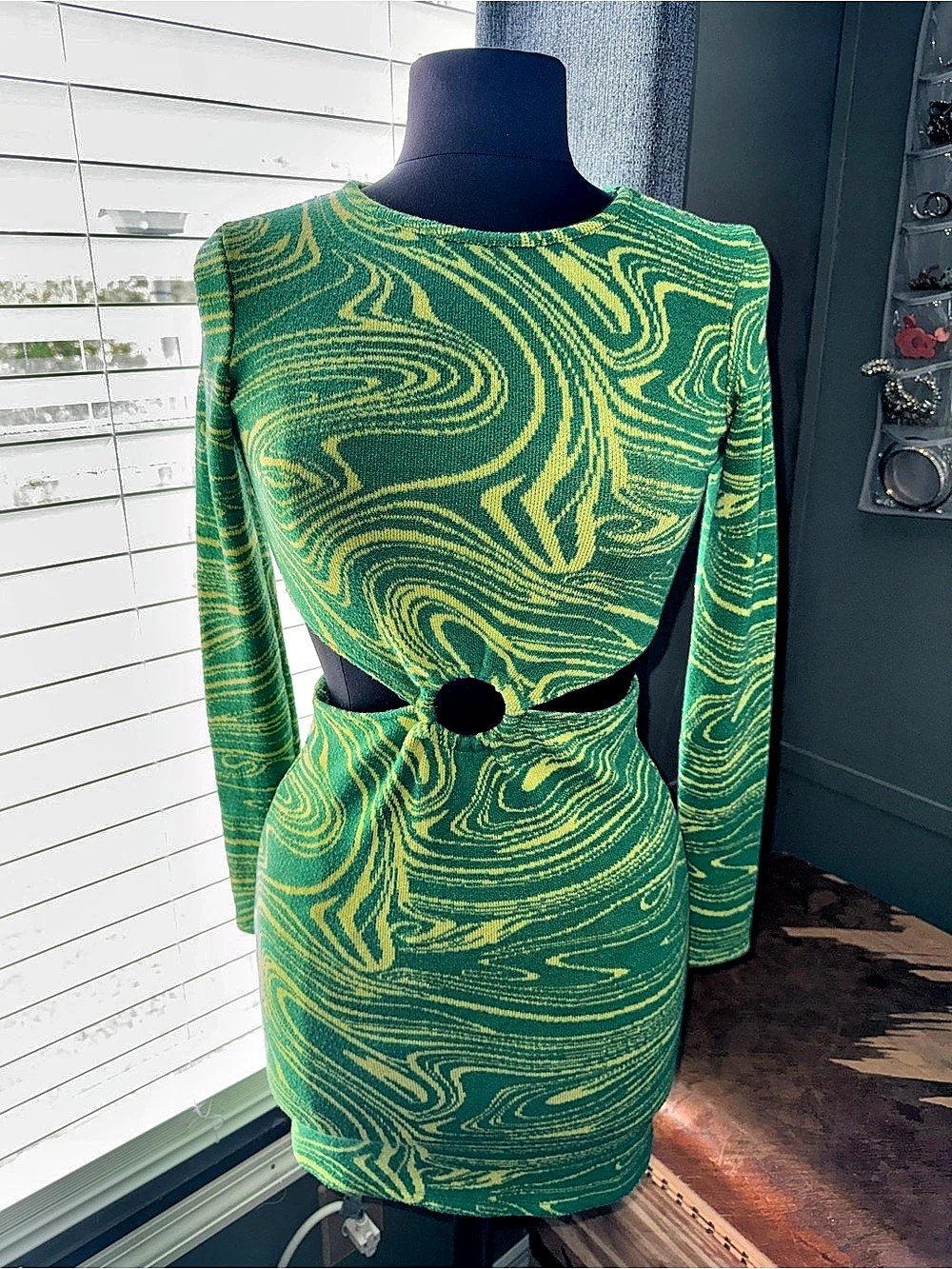 Zara Green & Lime Swirl Cutout Knit Dress